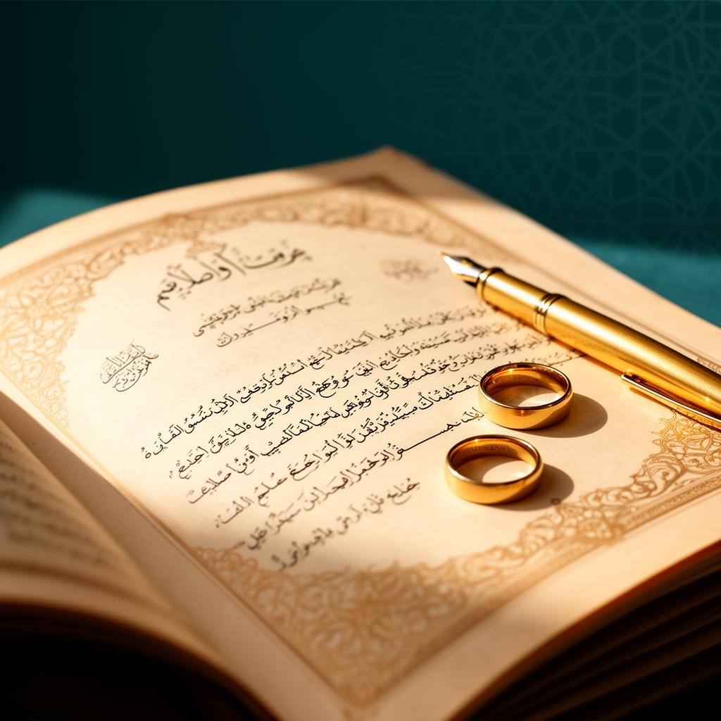 An open Islamic marriage contract with a gold pen and two wedding rings on warm parchment