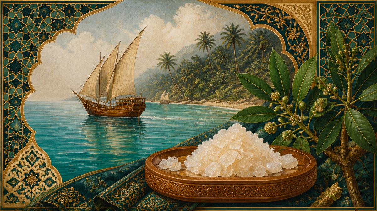 Traditional painting of white camphor crystals on a carved tray with an Arab trading dhow off a Sumatran coast