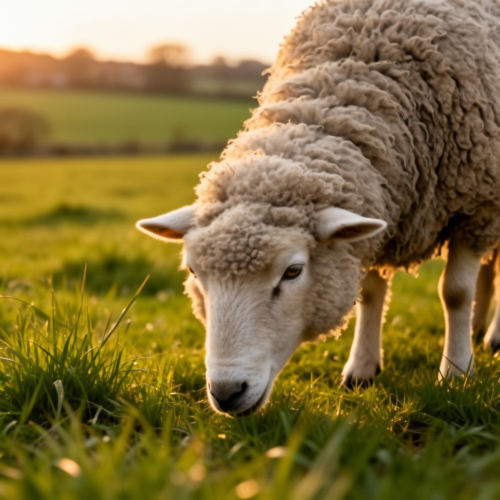 Sheep grazing in a green pastoral field during golden hour