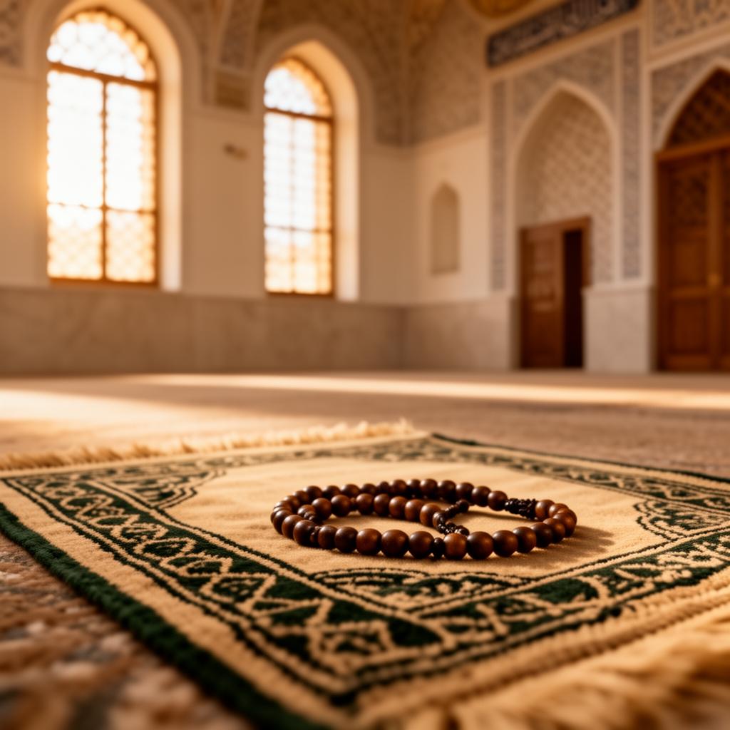 Prayer mat and tasbih beads on a mosque floor with warm light from windows